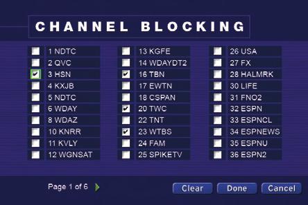 Settings Blocking Channels Once you select the Change button, the Parental Controls Channel Block list will appear.