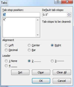 location you enter the tab. You may also format multiple tabs using this interface; to do so, simply type another length in the Tab stop position field.