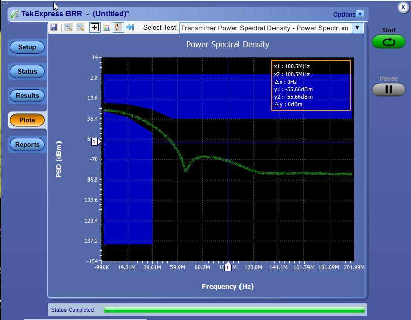Transmitter Power Spectral Density 5.4.4 Test mode 5 signal is given as input to this measurement Spectrum of the input signal is computed using built in scope MATH functions.