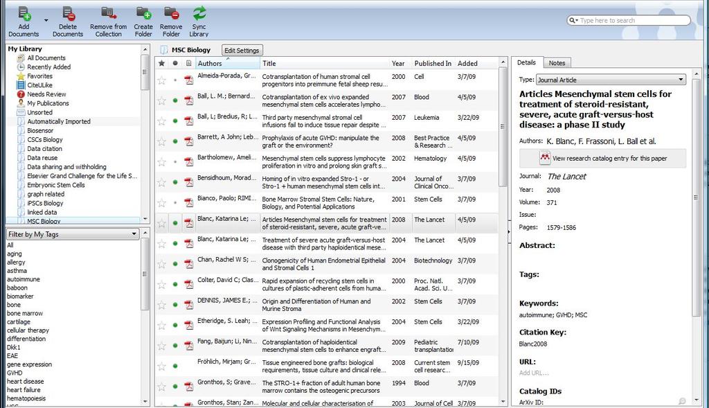 Mendeley Desktop Set up and manage your reference groups Library showing all