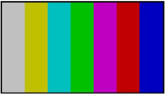 COLOR BARS Seven equal width vertical color bars are displayed at 75% amplitude, 100% saturation in the order from left to right: White, Yellow, Cyan, Green, Magenta, Red, and Blue.