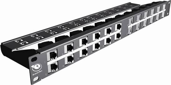 Rex V12 angled panel with management suitable for up to 24 snap in jacks - BLACK Cat5e module Category 5 Unshielded Jack (Tool-Free) (The module chosen is optional as long as it doesn t add any
