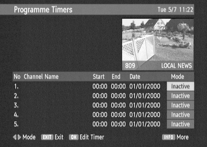 Timers You can use the Timer function to turn your Set Top Box on and off in Stand-by and also to automatically switch channels when your Set Top Box is on.
