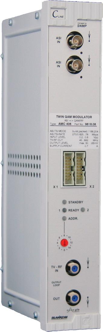 AMB 406 QAM Modulator ASI QAM/RF The AMB 406 QAM Modulator ist the perfect solution for modulation of any ASI transport stream into a high quality QAM/RF channel.