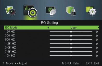 Surround Sound Press button to select Surround Sound, then press button to select On or Off. EQ Setting Adjust the curve of 7 equalizers.