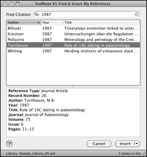 7. Type the date 1987 into the text box and then click Find (Windows) or Return (Macintosh). EndNote searches all fields and lists the matching references. 8.