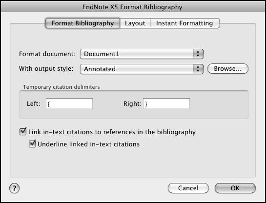 A Format Bibliography dialog appears where you can select a bibliographic style. Styles contain instructions for how EndNote will format citations and the bibliography.