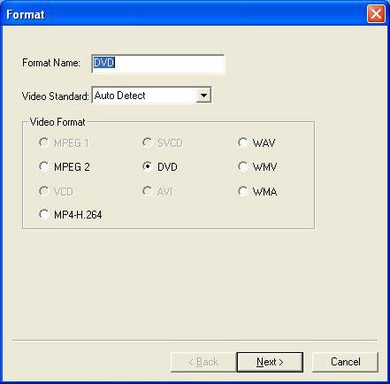 5. Click New and the Format dialog box appears. In the Format dialog box, select the file format you want and enter the desired name in the text box. Then click Next. 6.