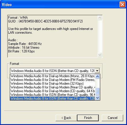 4. In the Video dialog box, you can set the audio format. The setting options in the Video dialog box will vary according to the audio format you chose. 5. Click Finish to save the settings.