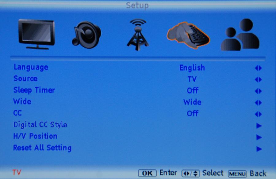 Reset All Setting 1. Press MENU on the remote control or the side of your HDTV, then press until the Setup menu opens. 2.