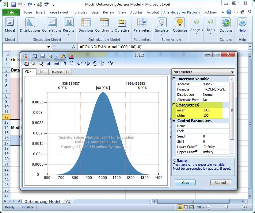 (Pop up window shown with bell curve graph and parameters highlighted on right menu bar.