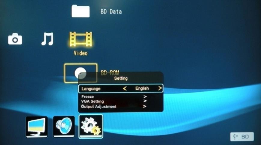 4.2.3. System Setting The Third icon from left of the OSD menu is the system setting, which includes OSD language setting, listen, freeze, VGA setting, output adjustment etc.