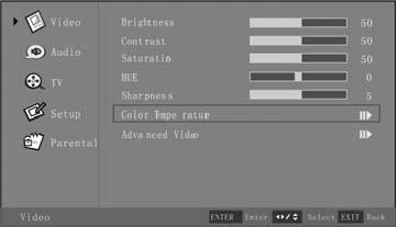 Selection of Color Temperature 1. Press the Menu button, and the Video menu appears. 2.