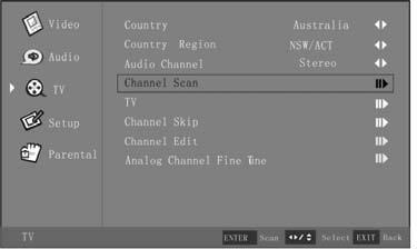 Using the Channel Scan 1. Press the Menu button, and then press or he TV menu appears. 2. Press or Enter button to enter the TV menu. 3.