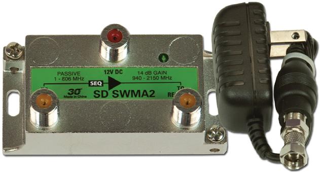 SWM EXTENDER 3 SWiM Output amplifier with integrated return-band diplexer Provides 14 db of gain which offsets an additional 150 ft of RG-6 or feet of RG-11 cable runs Passes 2 to 806 MHz signals for