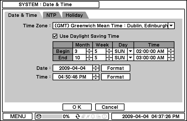2-1-2. MENU > SYSTEM > Date & Time In the Date & Time, Time Zone, Date, Time, NTP Server, Holiday options can be selected. Highlight and press Time Zone to select right Time Zone.