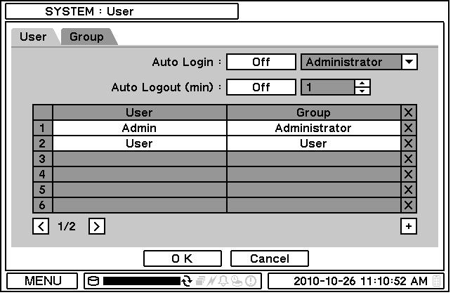 2-1-3. MENU > SYSTEM > User Press User Tab to enter/add a new user.