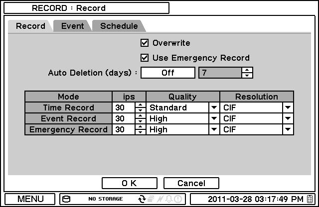 2-4-2. MENU > RECORD > Record In Record, general recording options can be selected including overwrite, resolution, speed, recording quality and etc.