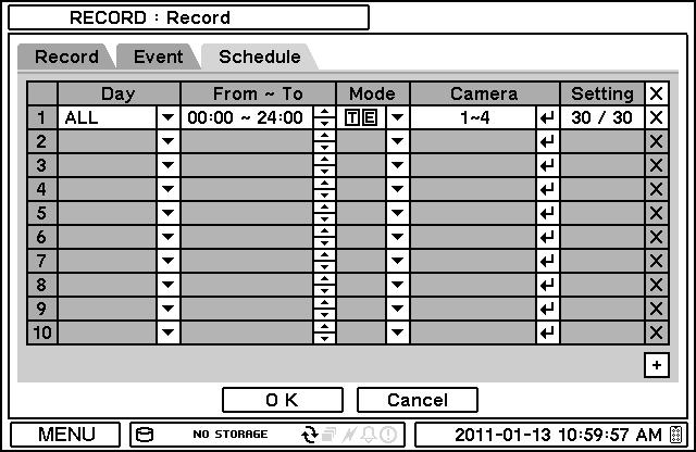 In Schedule, fully detailed and specified recording schedules can be set by day, time, modes, cameras and recording options. Press to add a new schedule.