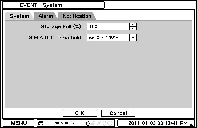 2-6-5. MENU > EVENT > System In System, S.M.A.R.T function monitors storage conditions such as Temperature, Conditions and Recording.
