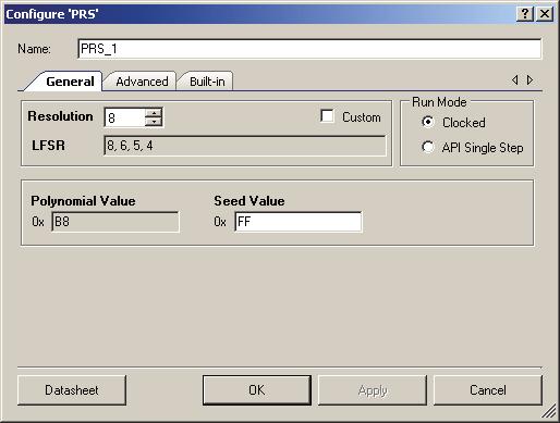 PSoC Creator Component Datasheet Pseudo Random Sequence (PRS) Component Parameters Drag a PRS component onto your design and double-click it to open the Configure dialog.
