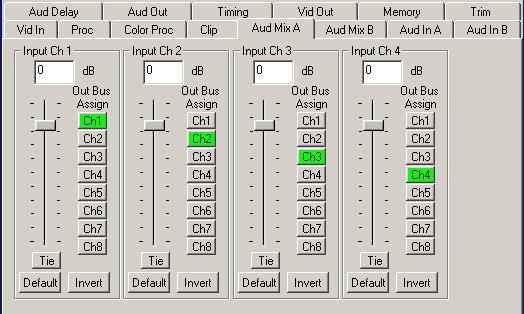 When an 8415 Audio Processor submodule is installed, use the Aud Mix A and B menus shown to control the audio input levels and mixing and shuffling of the audio inputs to output.