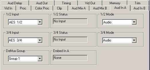Use the Aud In A menu shown below for the 8415 to adjust the following parameters: 1/2 Input select the input audio source for Input 1/2. 3/4 Input select the input audio source for Input 3/4.