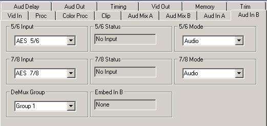 Use the Aud In B menu shown below for the 8415 to adjust the following parameters: 5/6 Input select the input audio source for Input 5/6. 7/8 Input select the input audio source for Input 7/8.
