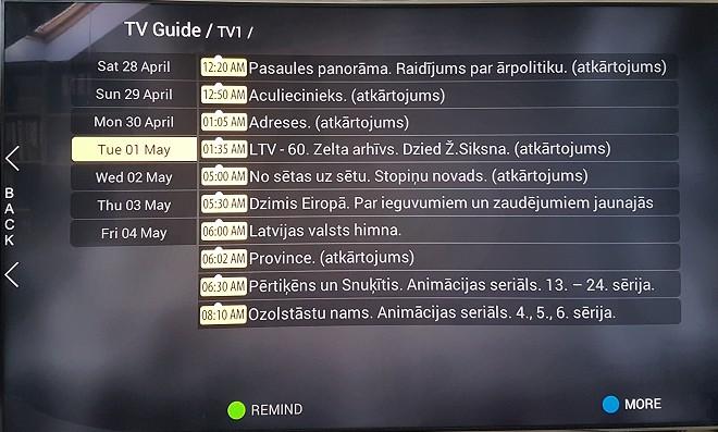 The TV guide window will open which displays the following information: channel TV guide, where currently being live broadcasted show is colored in yellow.