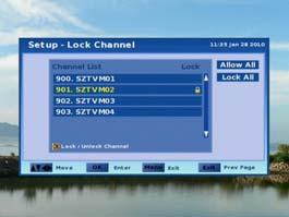 1. Lock Channel You can set channel lock to restrict viewing of some channels. Highlight Lock Channel and press OK key to display lock channel window. Lock a Channel 1. Press keys to select a channel.