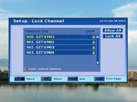 Press arrow keys to highlight Lock All. 2. Press OK key to confirm, and all channels are locked with. 3. Press EXIT key to save and exit. Unlock all Channels 1.