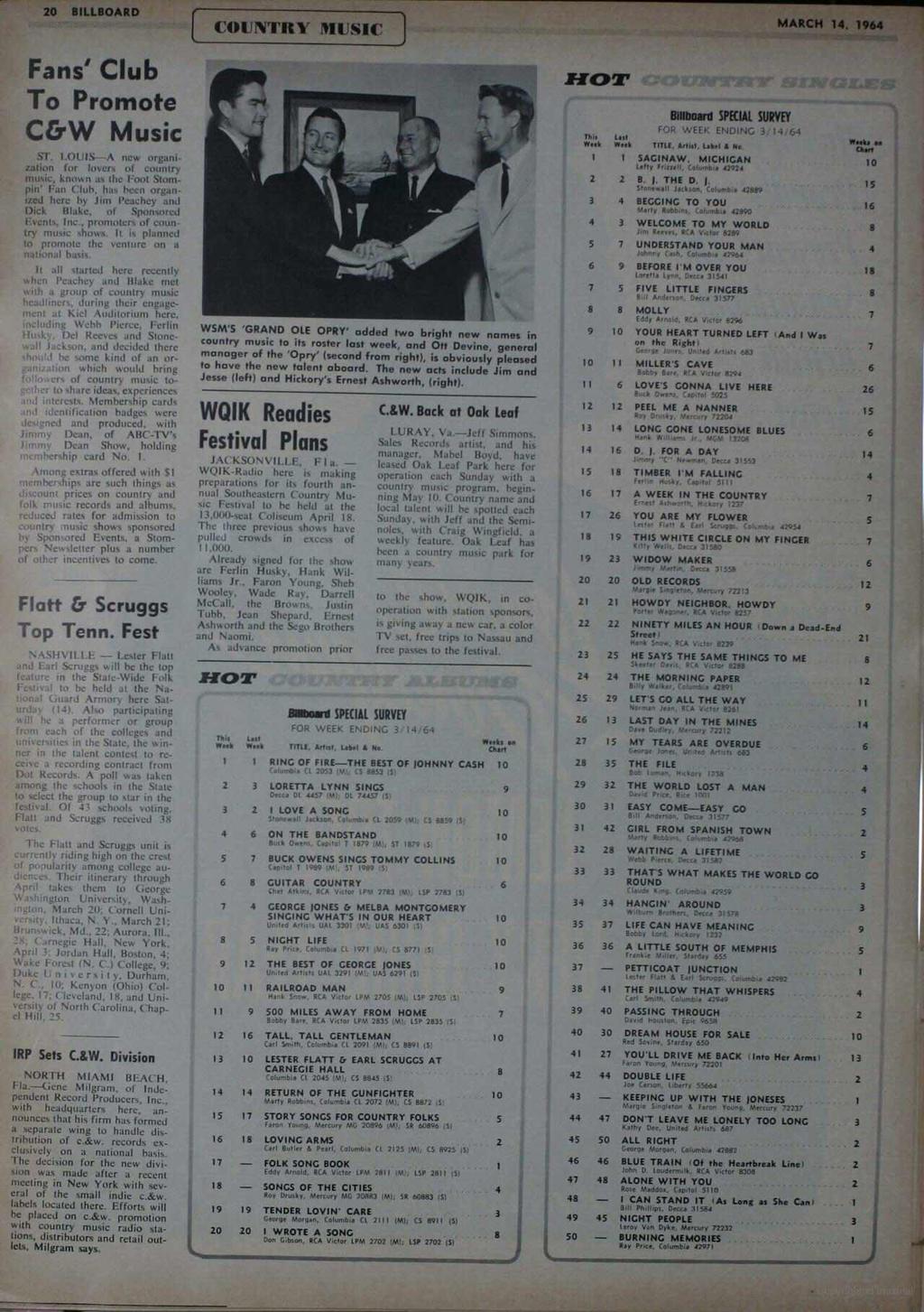 20 BILLBOARD COUNTRY 1RUSIC MARCH 14. 1964 Fans' Club To Promote C&W Music ST.