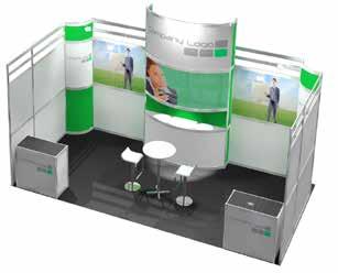 cupboard 1x bench/desk with lockable cupboard 1x free-standing reception counter 4x digital print logo/graphic panels