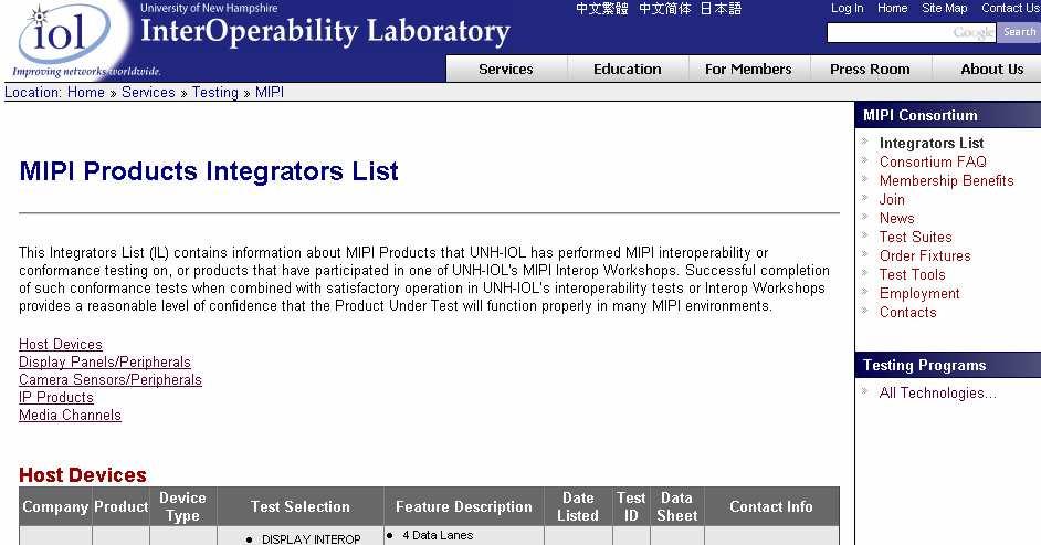 UNH-IOL MIPI interoperability http://www.iol.unh.edu/services/testing/mipi/integratorslist.