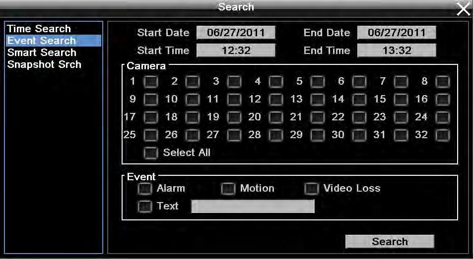 3.12.2 Event Search Figure 3-6 Search Menu Event Search From: Select starting date and time To: Select ending date and time. Camera: Select which cameras to include in the search.