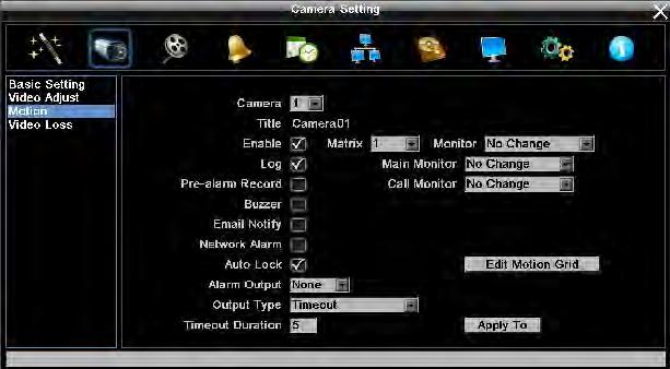 4.3.3 Motion Figure 4-4 Camera Menu Motion Camera: Select the camera you wish to configure. Title will change to the title name of the selected camera. Enable: Check box to enable motion detection.
