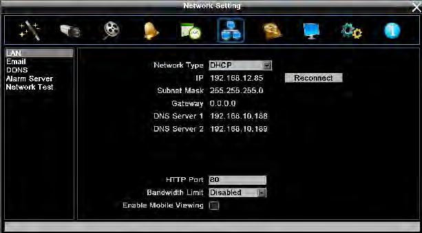 4.7 NETWORK SETTING Figure 4-24 is a screenshot of the NETWORK SETTING MENU. This menu is for configuring the DVR for a network connection.