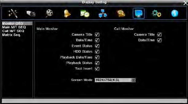 4.9 DISPLAY SETTING Figure 4-32 is a screenshot of the DISPLAY SETTING MENU. This menu will walk you through the Main Monitor On-Screen Display (OSD) and Main Monitor Sequential setup.