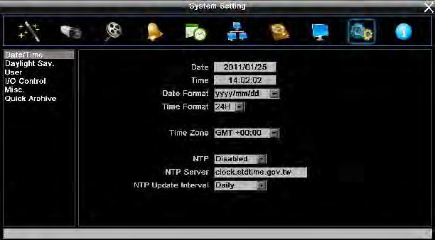 4.10 SYSTEM SETTING Figure 4-36 is a screenshot of the SYSTEM SETTING MENU. This menu is for setting up the general system parameters for the DVR. Figure 4-36 System Menu Date/Time 4.10.1 Date/Time Date: Set current Date.