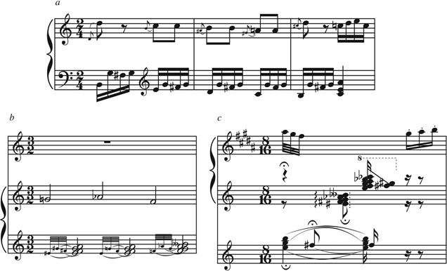 174 the music instinct Figure 6.4 (a) The grace notes or acciaccaturas in Mozart s Sonata No. 1 in C major (K 279) create crushed minor-second intervals.