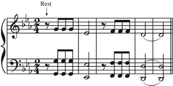 218 the music instinct Figure 7.10 The opening of Beethoven s Fifth Symphony. To hear the rhythm correctly, one has to infer the initial rest. there is a bit clearer.