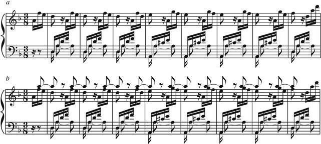 318 the music instinct Figure 10.18 The subtle change of voicing in the initial (a) and reprised (b) theme of Beethoven s Piano Sonata No. 17, Op. 31 No. 2. of musicological analysis (described on p.