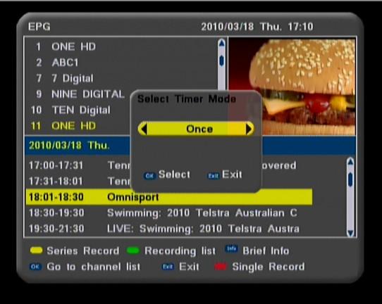 Select channel that you want to schedule a recording for and press OK on the remote. The program name is now highlighted.