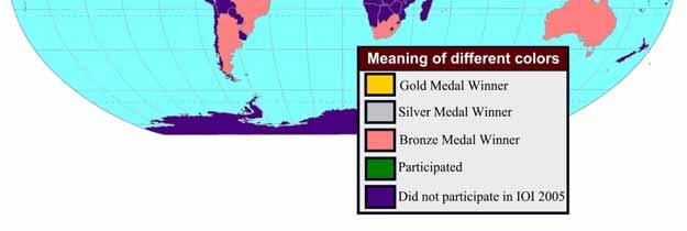 So if you find any mistake please inform the paper author via email*/ In the map above a country is colored yellow if in IOI 2005 the best medal obtained by one or more of its contestants is gold