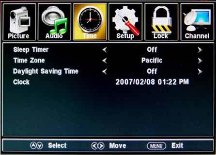 OSD Menu 3. Time menu Description Sleep timer: Set the sleep timer: (off / 5 / 10 / 15 / 30 / 45 / 60 / 90 / 120 / 180 / 240 mins).