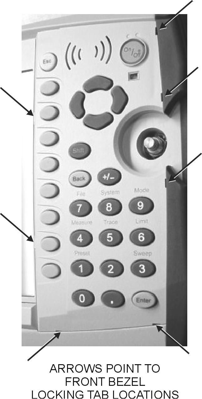 Removal and Replacement 3-9 Main (Numeric) Keypad Membrane and PCB Replacement 1. Place the instrument face up on a protected work surface. 2. Seven locking tabs hold the keypad bezel to the case.