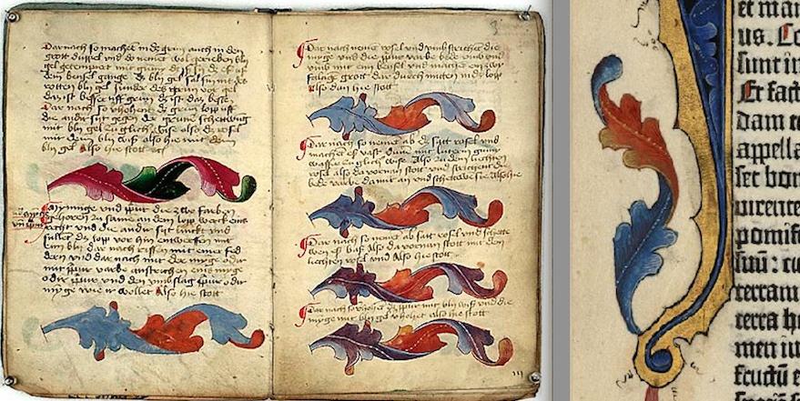 wished to replicate his realistic depictions (the image of the cheetah to the left is from his workshop). Marginal decoration Göttingen Model Book, c. 1450, Göttingen, Universitätsbibliothek, Uffenb.