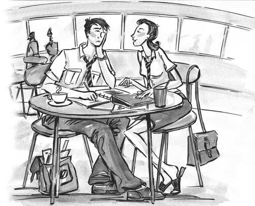 5 Match the endings to their beginnings to make a story. There is sometimes more than one correct answer. 1 Peter always a does his homework in the café. 2 He often b helps him.