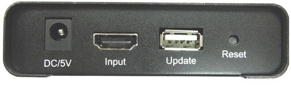 DC/5V Input Update Reset Figure 2: Rear Panel DC/5V: Power adapter jack for the included 5V power adapter Input: Connects to your HDMI source device by using an HDMI cable (cable not included)