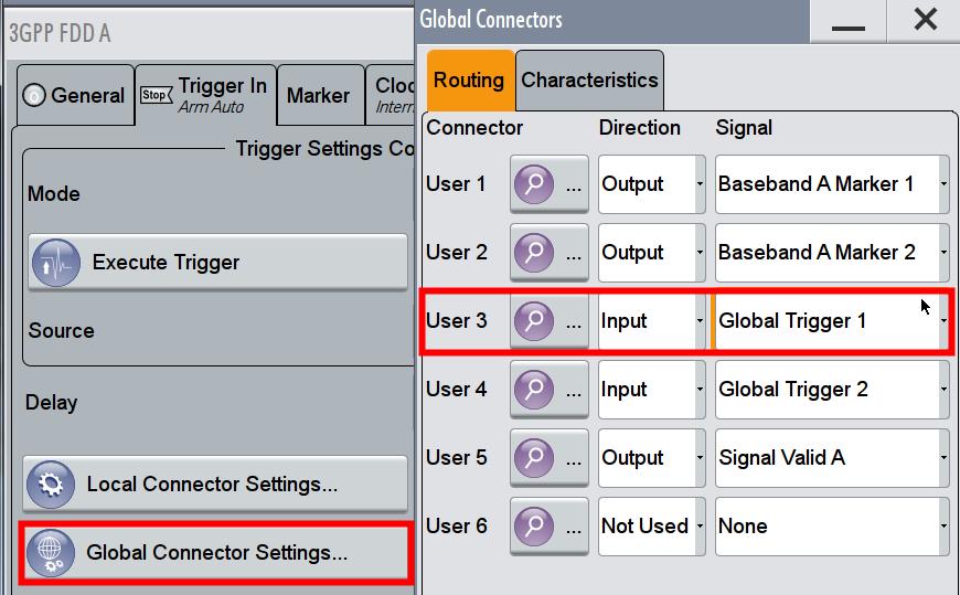 Fig. 3-13: SMW: configure the connector settings. Example: for the current configuration, Trigger 1 has to be supplied at the input connector USER 3. 3.1.3 R&S RUN Demo Program This Application Note comes with a demonstration program module called W-CDMA BS Tx Tests for the software R&S RUN which is free of charge.